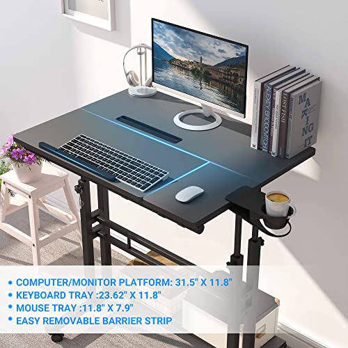 Panta Mobile Standing Desk, Adjustable Rolling Computer Desk with 3 Desktops, Portable Laptop Table with Desk Cup Holder, Home Office Laptop Workstation on Lockable Wheels, Black