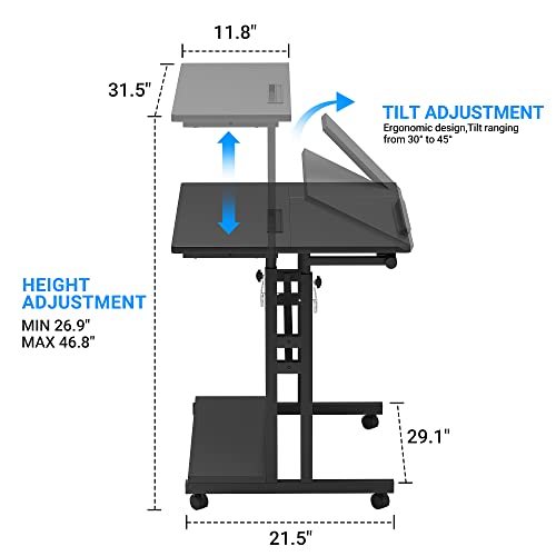 Panta Mobile Standing Desk, Adjustable Rolling Computer Desk with 3 Desktops, Portable Laptop Table with Desk Cup Holder, Home Office Laptop Workstation on Lockable Wheels, Black