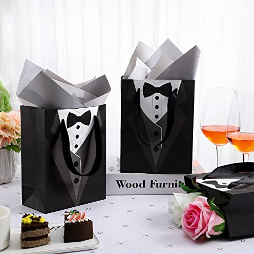 Sinmoe 24 Pieces 7 Inches Groomsmen Gift Bags Tuxedo Treat Bags Wedding Party Favor Black Tie Shirt Pattern Paper Present Bags for Wedding Father's Birthday Anniversary Goodies Treats