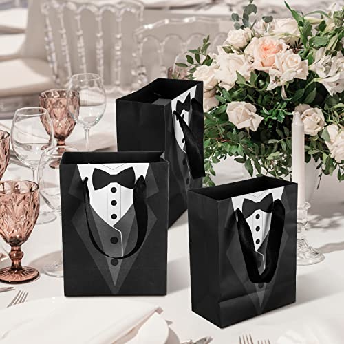 Sinmoe 24 Pieces 7 Inches Groomsmen Gift Bags Tuxedo Treat Bags Wedding Party Favor Black Tie Shirt Pattern Paper Present Bags for Wedding Father's Birthday Anniversary Goodies Treats