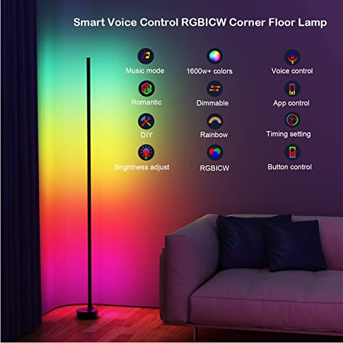 Bricuba RGBIC Corner Floor Lamp, Smart LED Lamp Work with Alexa & GoogleHome, WiFi App Control, DIY & Scene mode Modern Floor Lamp, Dimmable/Timing/Music Sync, 16 Million Colors Changing Lamp for Home