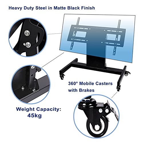 Nuwovwo Rolling TV Stand, Mobile TV Cart, Low Profile Floor Confidence Monitor Cart for 32-75 inch Screen, Height Adjustable, 90°Adjustable Viewing Angle