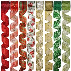 8 rolls 48 yards assorted christmas tree ribbon plaid bow wired ribbon craft gift wrapping ribbon holiday poinsettia floral mesh sheer glitter tulle organza ribbon 2.5″ wide for xmas wreath garland
