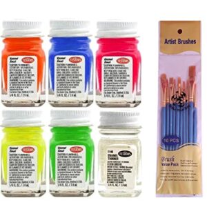 Testors Fluorescent Enamel Paint Variety, Orange, Yellow, Blue, Pink, Green, and Thinner 1/4 oz (Pack of 11) - with Make Your Day Paintbrushes