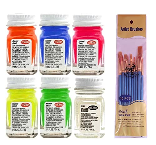 Testors Fluorescent Enamel Paint Variety, Orange, Yellow, Blue, Pink, Green, and Thinner 1/4 oz (Pack of 11) - with Make Your Day Paintbrushes