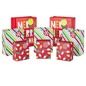 Hallmark Gift Bags Assorted Sizes (8 Bags: 3 Small 6", 3 Medium 9", 2 Large 13") Red, Green, Blue Stripes, Lights, "Merry Merry Christmas!"