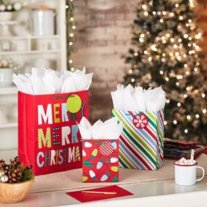 Hallmark Gift Bags Assorted Sizes (8 Bags: 3 Small 6", 3 Medium 9", 2 Large 13") Red, Green, Blue Stripes, Lights, "Merry Merry Christmas!"