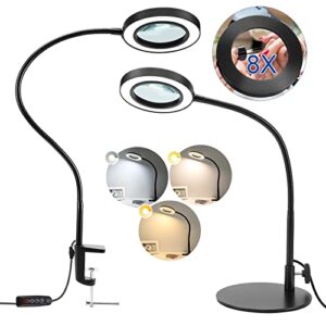 8x magnifying glass with light and stand, 2-in-1 real glass lens desk lamp, 3 color modes stepless dimmable magnifying lamp & clamp, adjustable led lighted magnifier for reading, crafts, cross stitch