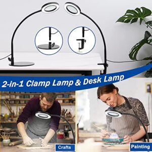 8X Magnifying Glass with Light and Stand, 2-in-1 Real Glass Lens Desk Lamp, 3 Color Modes Stepless Dimmable Magnifying Lamp & Clamp, Adjustable LED Lighted Magnifier for Reading, Crafts, Cross Stitch