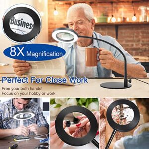 8X Magnifying Glass with Light and Stand, 2-in-1 Real Glass Lens Desk Lamp, 3 Color Modes Stepless Dimmable Magnifying Lamp & Clamp, Adjustable LED Lighted Magnifier for Reading, Crafts, Cross Stitch