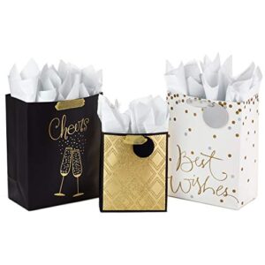 hallmark all occasion gift bags assortment with tissue paper – black and gold (pack of 3, 2 large 13″ and 1 medium 9″ for anniversaries, weddings, birthdays, holidays and more)