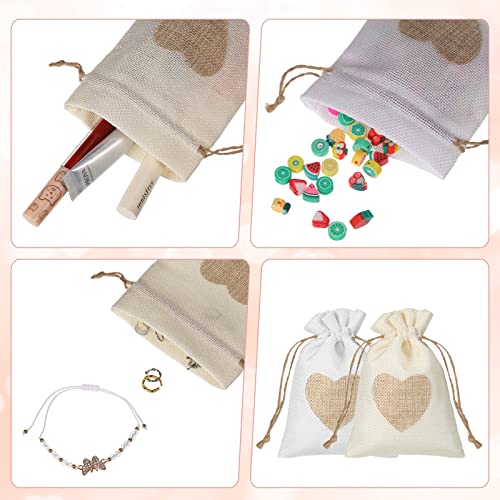 100 Pcs Heart Burlap Bags 4 x 6 Inch Drawstring Linen Gift Pouch, Mini Gift Bags Jewelry Bags Drawstring Burlap Bag for Valentine's Day Day Wedding Birthday Easter Christmas Party Favors