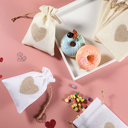 100 Pcs Heart Burlap Bags 4 x 6 Inch Drawstring Linen Gift Pouch, Mini Gift Bags Jewelry Bags Drawstring Burlap Bag for Valentine's Day Day Wedding Birthday Easter Christmas Party Favors