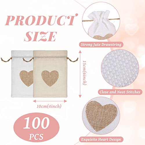 100 Pcs Heart Burlap Bags 4 x 6 Inch Drawstring Linen Gift Pouch, Mini Gift Bags Jewelry Bags Drawstring Burlap Bag for Valentine's Day Day Wedding Birthday Easter Christmas Party Favors