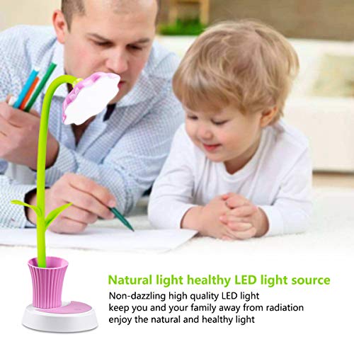 Desk Lamp for Kids - Uniwit Sunflower LED Charging Table Lamp Support Eye Protection Small Desk Folding for Reading,Study and Office, Adjustable Brightness - Pink