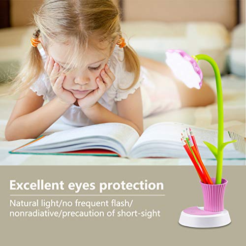 Desk Lamp for Kids - Uniwit Sunflower LED Charging Table Lamp Support Eye Protection Small Desk Folding for Reading,Study and Office, Adjustable Brightness - Pink