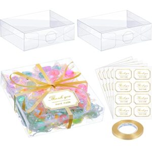 35 pcs clear favor boxes 4 x 4 x 1.2 inch transparent rectangle pvc plastic boxes 40 pcs thank you label stickers and 1 roll gold ribbon for wedding candy chocolate birthday halloween christmas gift