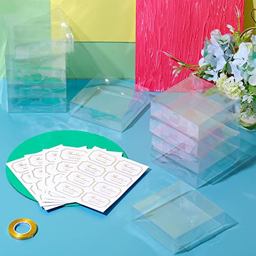 35 Pcs Clear Favor Boxes 4 x 4 x 1.2 Inch Transparent Rectangle PVC Plastic Boxes 40 Pcs Thank You Label Stickers and 1 Roll Gold Ribbon for Wedding Candy Chocolate Birthday Halloween Christmas Gift