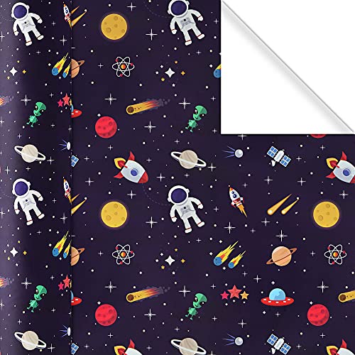 Birthday Wrapping Paper 4 Sheets for Space Lover Boys Kids, Astronaut Solar System Planets Rocket Alien Galaxy Pattern- Everyday Gift Wrapping Supplies for Birthday Baby Shower Kindergarten Party