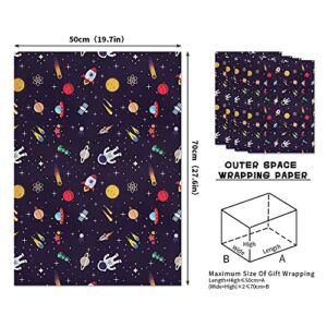 Birthday Wrapping Paper 4 Sheets for Space Lover Boys Kids, Astronaut Solar System Planets Rocket Alien Galaxy Pattern- Everyday Gift Wrapping Supplies for Birthday Baby Shower Kindergarten Party