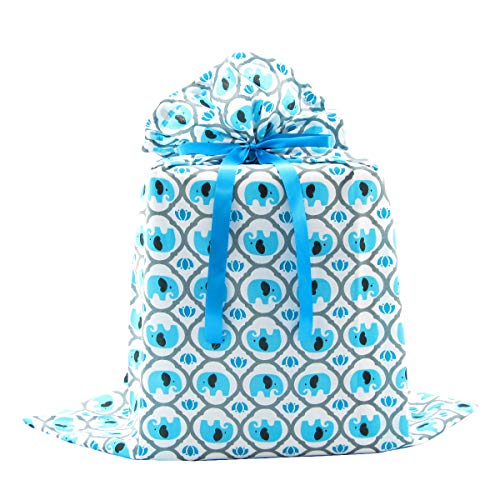 VZWraps Elephants Reusable Fabric Gift Bag for Baby Shower, Child’s Birthday, or Any Occasion (Jumbo 27 Inches Wide by 33 Inches High, Turquoise Blue)