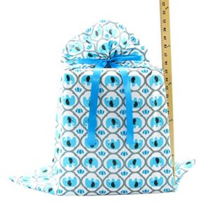 VZWraps Elephants Reusable Fabric Gift Bag for Baby Shower, Child’s Birthday, or Any Occasion (Jumbo 27 Inches Wide by 33 Inches High, Turquoise Blue)