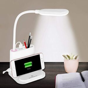 led desk lamp, novolido rechargeable desk lamp with usb charging port/pen holder/phone holder, small study cute lamp for kids/home/office/dorm, flexible portable bedside table lamp for reading (white)