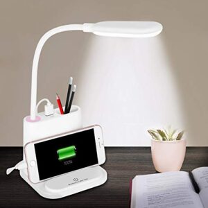 LED Desk Lamp, NovoLido Rechargeable Desk Lamp with USB Charging Port/Pen Holder/Phone Holder, Small Study Cute Lamp for Kids/Home/Office/Dorm, Flexible Portable Bedside Table Lamp for Reading (White)