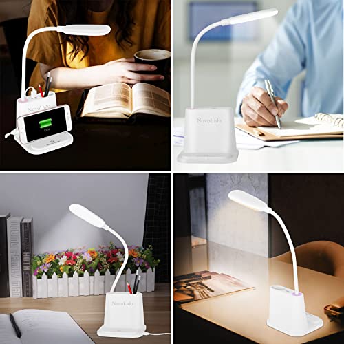 LED Desk Lamp, NovoLido Rechargeable Desk Lamp with USB Charging Port/Pen Holder/Phone Holder, Small Study Cute Lamp for Kids/Home/Office/Dorm, Flexible Portable Bedside Table Lamp for Reading (White)