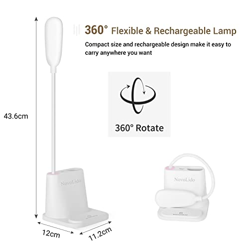 LED Desk Lamp, NovoLido Rechargeable Desk Lamp with USB Charging Port/Pen Holder/Phone Holder, Small Study Cute Lamp for Kids/Home/Office/Dorm, Flexible Portable Bedside Table Lamp for Reading (White)