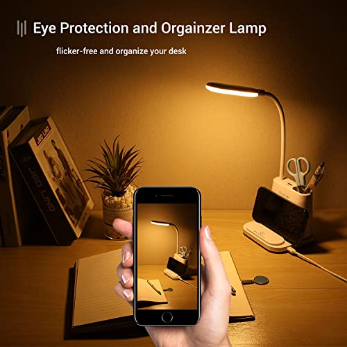 LED Desk Lamp, NovoLido Rechargeable Desk Lamp with USB Charging Port/Pen Holder/Phone Holder, Small Study Cute Lamp for Kids/Home/Office/Dorm, Flexible Portable Bedside Table Lamp for Reading (White)