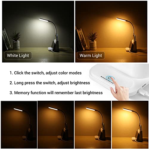 LED Desk Lamp, NovoLido Rechargeable Desk Lamp with USB Charging Port/Pen Holder/Phone Holder, Small Study Cute Lamp for Kids/Home/Office/Dorm, Flexible Portable Bedside Table Lamp for Reading (White)