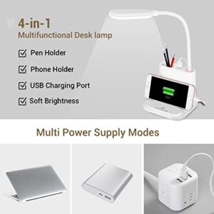 LED Desk Lamp, NovoLido Rechargeable Desk Lamp with USB Charging Port/Pen Holder/Phone Holder, Small Study Cute Lamp for Kids/Home/Office/Dorm, Flexible Portable Bedside Table Lamp for Reading (White)