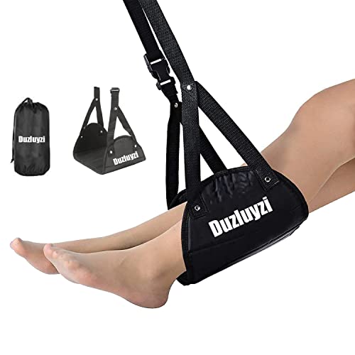 Duzluyzi Premium Airplane Foot Rest, Adjustable Airplane Footrest Hammock with Memory Foam, Black Portable Leg Rest Sling for Flight Bus Train Office School Home