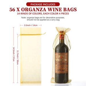 56 Pieces Organza Wine Bags, Bottle Organza Bags Sheer Organza Wine Wrapping Bags Wine Drawstring Pouches for Bottle Wrap Wedding, Birthday, Baby Shower Party, Christmas, T-Shirts, Candy