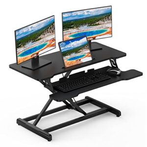 standing desk converter – 35”wide stand up desk converter for dual monitor & laptop w/keyboard tray,sit to stand ergonomic height adjustable riser converter computer workstation for home office,black