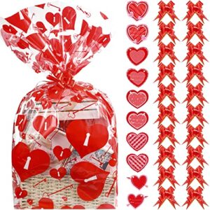 geyee 80 pieces valentine basket bags large clear cellophane basket bags valentines day bags red heart card baskets wrapping bags with ribbon bows for gift weddings bridal baskets bags 28 x 39 inch