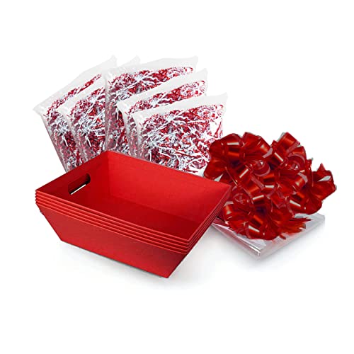 [5 Pk] 10x12” Red Large Big Basket for Gifts Empty, Basket Bags, Red Pull Bows, Crinkle Cut Paper Shred Filler| Bulk DIY Gift Set Kit| Valentines, Christmas, Easter, Wedding, Wine| Gift to Impress-UMP