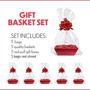 [5 Pk] 10x12” Red Large Big Basket for Gifts Empty, Basket Bags, Red Pull Bows, Crinkle Cut Paper Shred Filler| Bulk DIY Gift Set Kit| Valentines, Christmas, Easter, Wedding, Wine| Gift to Impress-UMP