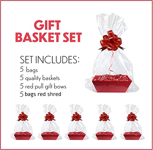 [5 Pk] 10x12” Red Large Big Basket for Gifts Empty, Basket Bags, Red Pull Bows, Crinkle Cut Paper Shred Filler| Bulk DIY Gift Set Kit| Valentines, Christmas, Easter, Wedding, Wine| Gift to Impress-UMP