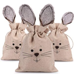 3 pack easter burlap bags easter bunny tote with drawstring furry bunny ears rabbit easter egg hunts goody candy treat gift storage bags kids girls easter party favor bags(8″ x 10.2″)