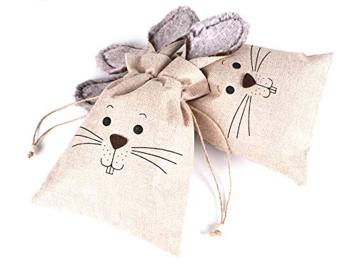 3 Pack Easter Burlap Bags Easter Bunny Tote with Drawstring Furry Bunny Ears Rabbit Easter Egg Hunts Goody Candy Treat Gift Storage Bags Kids Girls Easter Party Favor Bags(8" x 10.2")