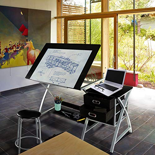 Yaheetech Drafting Desk, Drawing Table for Artists/Adults, Art Desk w/Stool and 3 Slide Drawers, Painting Studio Design Work Station, Adjustable Tabletop