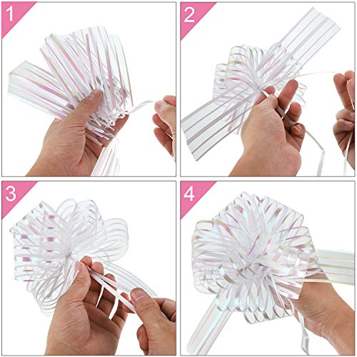 TecUnite 10 Pack Pull Bow, Organza White Large 6 Inches Pull String Bows for Wedding Christmas Easter Gifts