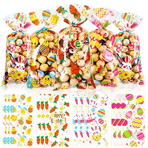 100 Pieces Easter Cellophane Treat Bags, Easter Egg Bunny Chick Carrot Printed Pattern Clear Plastic Candy Goodies Bags with 100 Silver Twist Ties for Easter Day Party Supplies, 4 Assorted Style