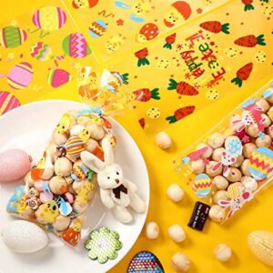 100 Pieces Easter Cellophane Treat Bags, Easter Egg Bunny Chick Carrot Printed Pattern Clear Plastic Candy Goodies Bags with 100 Silver Twist Ties for Easter Day Party Supplies, 4 Assorted Style