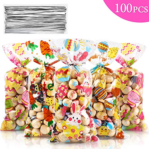 100 Pieces Easter Cellophane Treat Bags, Easter Egg Bunny Chick Carrot Printed Pattern Clear Plastic Candy Goodies Bags with 100 Silver Twist Ties for Easter Day Party Supplies, 4 Assorted Style