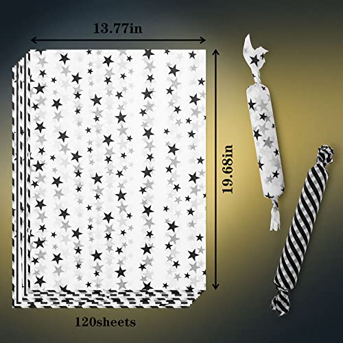 120 Sheets Black and White Tissue Paper Bulk,Black and White Tissue Paper for Gift Bags,White Tissue Paper with Black Star Stripes Polka Dots Pattern,14 x 20 Inch