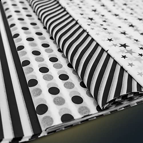 120 Sheets Black and White Tissue Paper Bulk,Black and White Tissue Paper for Gift Bags,White Tissue Paper with Black Star Stripes Polka Dots Pattern,14 x 20 Inch