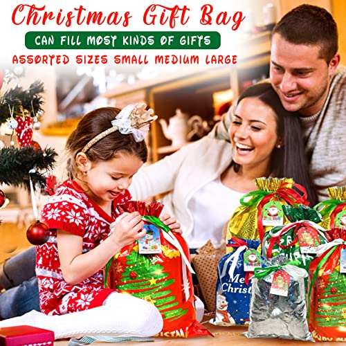 38PC Christmas Gift Bags with Colorful Drawstring |10 Seconds Wrapping Gift| Holiday Gift Bags Assorted Sizes Small Medium Large Jumbo, Xmas Gift Treat Bags with Tags for Party Favors Present Wrapping